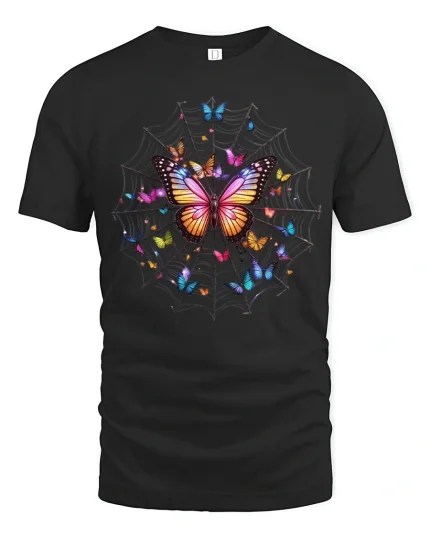 Colorful Butterfly Web Art Tee Magical Nature Fantasy Design - black t-shirt on white background