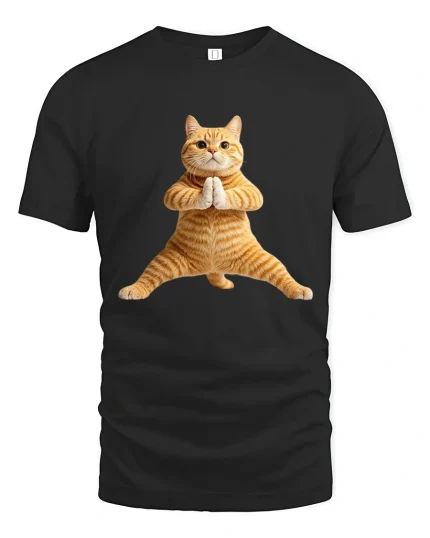 Funny Yoga Cat Pose Tee Cute Zen Animal Graphic Style - black t-shirt on white background