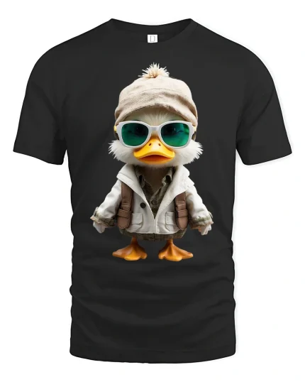 Cool Explorer Duck Cartoon Tee Fun Adventure Graphic Style - black t-shirt on white background