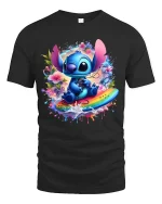 Cute Blue Alien Surf Art Tee Colorful Fantasy Graphic Style - black t-shirt on white background