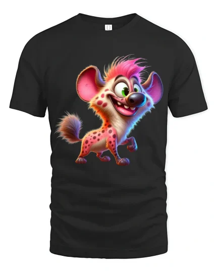 Funny Smiling Hyena Cartoon Tee Colorful Wild Animal Art - black t-shirt on white background