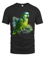 Vibrant Green Parrot Art Tee Tropical Bird Graphic Style - black t-shirt on white background