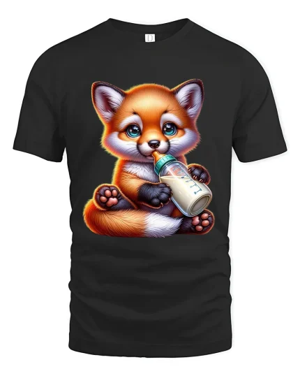 Cute Baby Fox Milk Bottle Tee Adorable Cartoon Animal Art - black t-shirt on white background