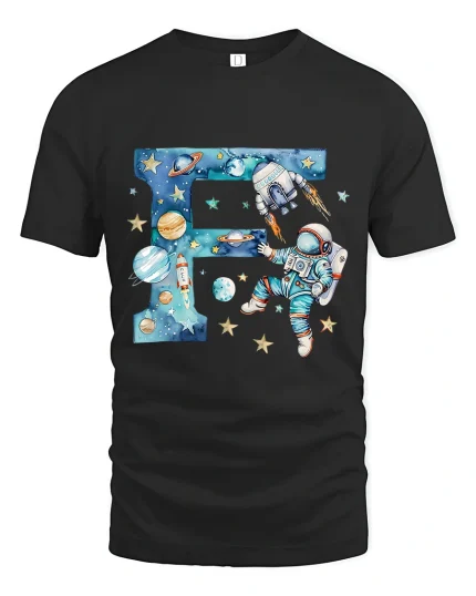 Space Astronaut Letter F Art Tee Cosmic Cartoon Galaxy Style - black t-shirt on white background
