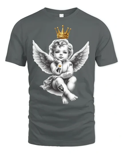 Crowned Rebel Angel Baby Art Tee Graphic Streetwear - gray t-shirt on white background