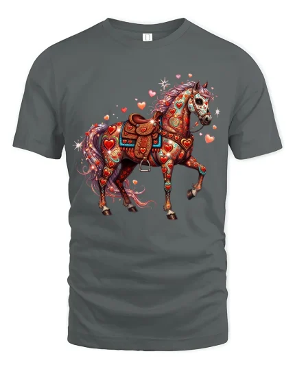 Colorful Heart Pattern Horse Art Tee Magical Fantasy Style - gray t-shirt on white background