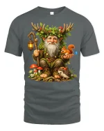 Whimsical Forest Guardian Gnome Art Tee Magical Nature Style - gray t-shirt on white background