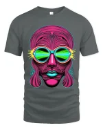 Neon Psychedelic Face Art Tee Retro Futuristic Trippy Style - gray t-shirt on white background