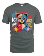 Graffiti Patchwork Teddy Bear Art Tee Urban Street Style - gray t-shirt on white background