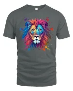 Colorful Lion Art Tee Bold Watercolor Wildlife Graphic Style - gray t-shirt on white background
