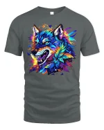 Fierce Colorful Wolf Art Tee Neon Feather Fantasy Graphic - gray t-shirt on white background