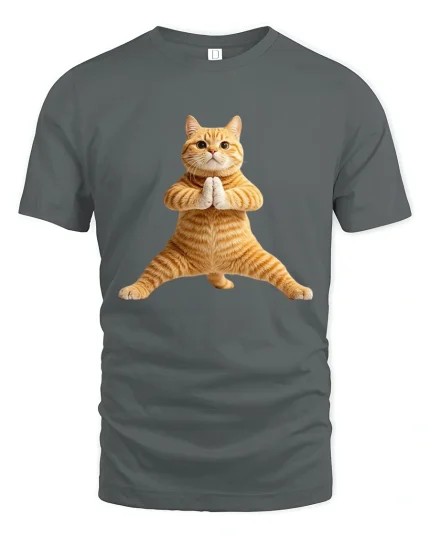 Funny Yoga Cat Pose Tee Cute Zen Animal Graphic Style - gray t-shirt on white background