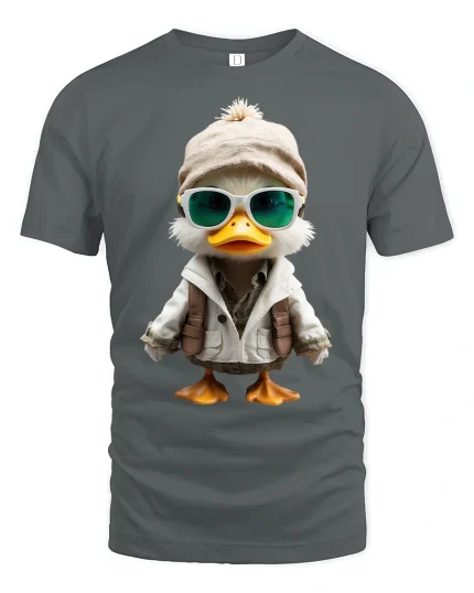 Cool Explorer Duck Cartoon Tee Fun Adventure Graphic Style - gray t-shirt on white background