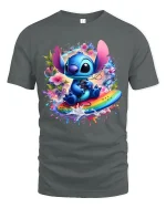 Cute Blue Alien Surf Art Tee Colorful Fantasy Graphic Style - gray t-shirt on white background