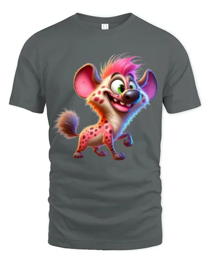 Funny Smiling Hyena Cartoon Tee Colorful Wild Animal Art - gray t-shirt on white background