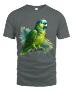 Vibrant Green Parrot Art Tee Tropical Bird Graphic Style - gray t-shirt on white background