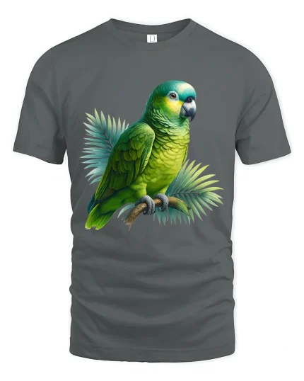Vibrant Green Parrot Art Tee Tropical Bird Graphic Style - gray t-shirt on white background