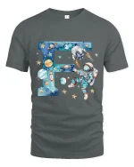 Space Astronaut Letter F Art Tee Cosmic Cartoon Galaxy Style - gray t-shirt on white background