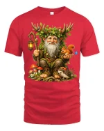 Whimsical Forest Guardian Gnome Art Tee Magical Nature Style - red t-shirt on white background