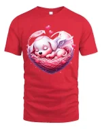Cute Angel Puppy Heart Nest Tee Sweet Love Cartoon Art - red t-shirt on white background
