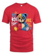 Graffiti Patchwork Teddy Bear Art Tee Urban Street Style - red t-shirt on white background