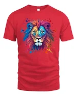 Colorful Lion Art Tee Bold Watercolor Wildlife Graphic Style - red t-shirt on white background