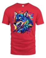 Fierce Colorful Wolf Art Tee Neon Feather Fantasy Graphic - red t-shirt on white background