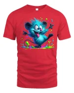 Funny Blue Furry Monster Tee Color Splash Cartoon Art Style - red t-shirt on white background