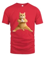 Funny Yoga Cat Pose Tee Cute Zen Animal Graphic Style - red t-shirt on white background