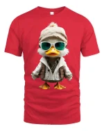 Cool Explorer Duck Cartoon Tee Fun Adventure Graphic Style - red t-shirt on white background