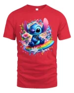 Cute Blue Alien Surf Art Tee Colorful Fantasy Graphic Style - red t-shirt on white background