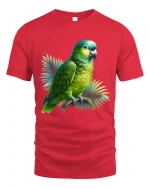 Vibrant Green Parrot Art Tee Tropical Bird Graphic Style - red t-shirt on white background