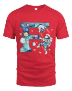 Space Astronaut Letter F Art Tee Cosmic Cartoon Galaxy Style - red t-shirt on white background