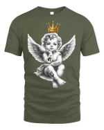 Crowned Rebel Angel Baby Art Tee Graphic Streetwear - military green t-shirt on white background
