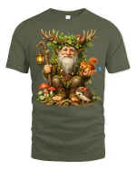 Whimsical Forest Guardian Gnome Art Tee Magical Nature Style - military green t-shirt on white background