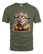 Funny Crazy Goat Cartoon Tee Wild Farm Animal Humor Art - military green t-shirt on white background