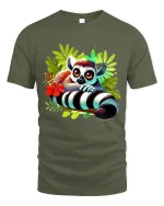 Cute Wide Eyed Lemur Jungle Art Tee Colorful Cartoon Style - military green t-shirt on white background