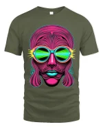 Neon Psychedelic Face Art Tee Retro Futuristic Trippy Style - military green t-shirt on white background