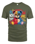Graffiti Patchwork Teddy Bear Art Tee Urban Street Style - military green t-shirt on white background