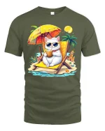 Cool Beach Cat Vacation Tee Funny Summer Cartoon Art - military green t-shirt on white background