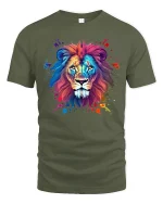 Colorful Lion Art Tee Bold Watercolor Wildlife Graphic Style - military green t-shirt on white background