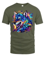 Fierce Colorful Wolf Art Tee Neon Feather Fantasy Graphic - military green t-shirt on white background