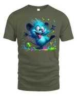 Funny Blue Furry Monster Tee Color Splash Cartoon Art Style - military green t-shirt on white background
