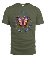 Colorful Butterfly Web Art Tee Magical Nature Fantasy Design - military green t-shirt on white background