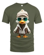 Cool Explorer Duck Cartoon Tee Fun Adventure Graphic Style - military green t-shirt on white background
