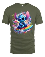 Cute Blue Alien Surf Art Tee Colorful Fantasy Graphic Style - military green t-shirt on white background