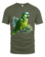 Vibrant Green Parrot Art Tee Tropical Bird Graphic Style - military green t-shirt on white background