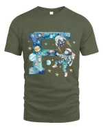 Space Astronaut Letter F Art Tee Cosmic Cartoon Galaxy Style - military green t-shirt on white background