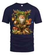 Whimsical Forest Guardian Gnome Art Tee Magical Nature Style - navy t-shirt on white background