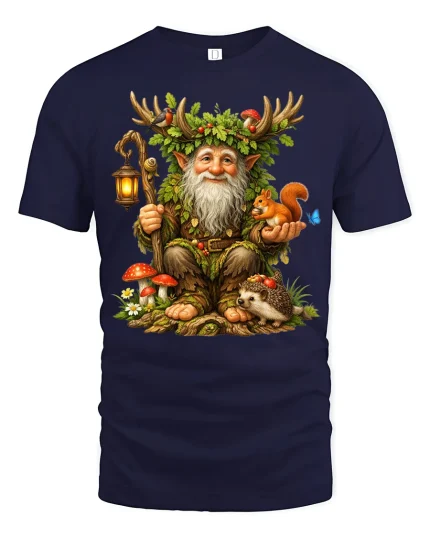Whimsical Forest Guardian Gnome Art Tee Magical Nature Style - navy t-shirt on white background